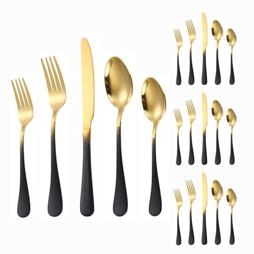 Thickened Gradient Color Handle Kitchen Stainless Steel Silverware Tableware Flatware Cutlery Set Steak Knife Fork Spoon Teaspoon (Gradient black gold,20 pieces)