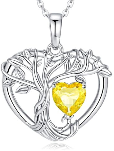 LOCIBLO Tree of Life Necklaces for Women 925 Sterling Silver Heart Pendant White Gold Synthetic Citrine Yellow Topaz Necklace November Birthstone Jewellery for Her, 18+2