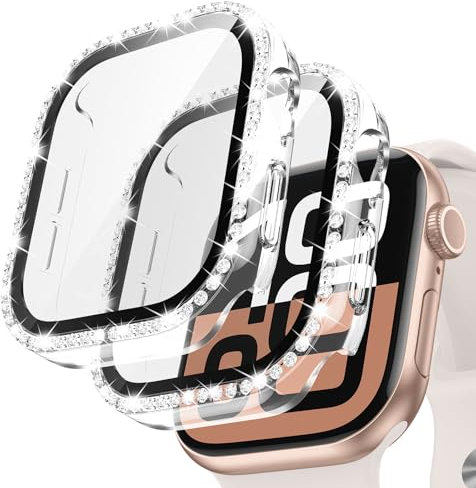 Neitra [2 Stück] Glitzer Diamanten Hülle für Apple Watch Series 11/10 46mm, Hart PC Bumper Case mit HD Gehärtetes Displayschutz Folie, Bling Schutzhülle Cover Smartwatch Zubehör für Frauen Mädchen
