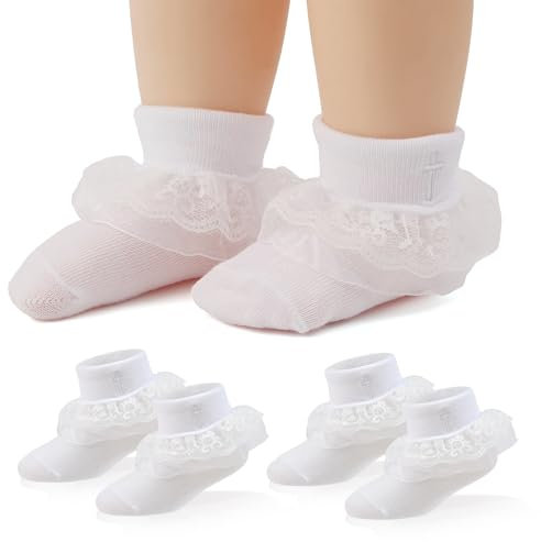 Calkkrer 2 Paar Tauf Socken Baby Mädchen, Weiße Rüschen Socken Mit Spitze, Prinzessin Söckchen Aus Baumwolle, Mädchen Rüschen Socken, Baby Weiße Socken Mit Kreuz Verziert