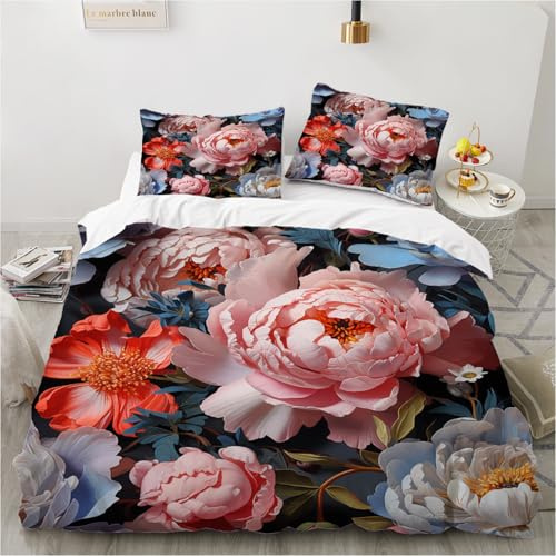 Luowei Bettwäsche 200x220 Blumen Motiv Rosa Bunt Floral Bettwäsche 3D Aesthetic Blumen Weich Kuschelig Mikrofaser Bettbezug Set 3 Teilig mit Reißverschluss und 2 Kissenbezüge 80x80 cm