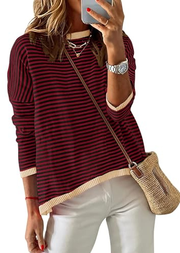 Cuptacc Jersey para Mujer A Rayas Sudadera Mujer Manga Larga Cuello Redondo AlgodóN Tops AlgodóN Casual Punto Jersey Mujer, Beigerrot