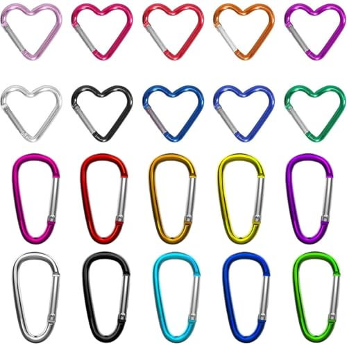 20 PCS Moschettone Portachiavi, Moschettoni Piccoli, in Alluminio, mini moschettoni per zaini, guinzagli per cani, portachiavi, campeggio, tenda, viaggi, pesca(Forma a D + a forma di cuore)