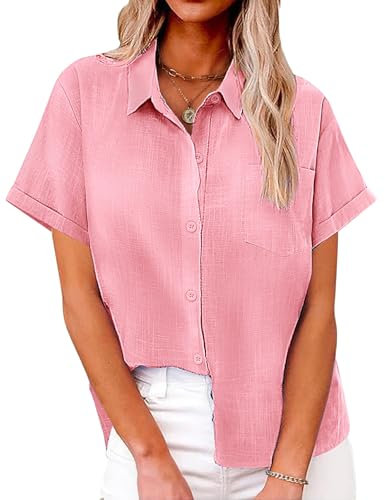 Niwicee Chemisier Femmes 100% Coton Chemise LâChe Respirant Chemise Col en V Chic et Élégante Hauts avec Boutons Décontracté Chemise Ample Couleur Unie avec Poche (Rose, M)