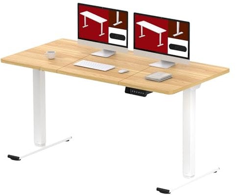 SANODESK Höhenverstellbarer Schreibtisch 140×70 cm – Elektrischer Standing Desk mit Dualmotor, Stabiler Sitz-Steh-Tisch für Home Office und Büro(weiß+ahorn)