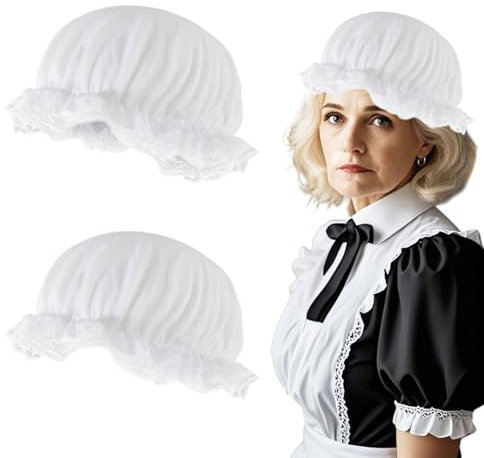 TUONYIS 2 Pcs Victorian Women Girl Mop Hat with Lace, Victorian Inspired Matriarch Attire Maid Costume Accessories, Ladies Handmaid Bonnet Medieval Peasant Headwear, for Fancy Dress Cosplay (White)