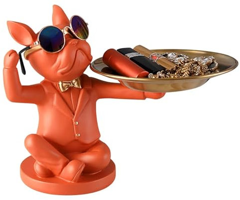 Skulptur Deko Hundestatue Butler mit Ablageschale Gläser Wohnzimmer Französische Bulldogge Ornamente Dekoration Kunst Skulptur Handwerk Geschenk Heimdekoration(Orange Style E)