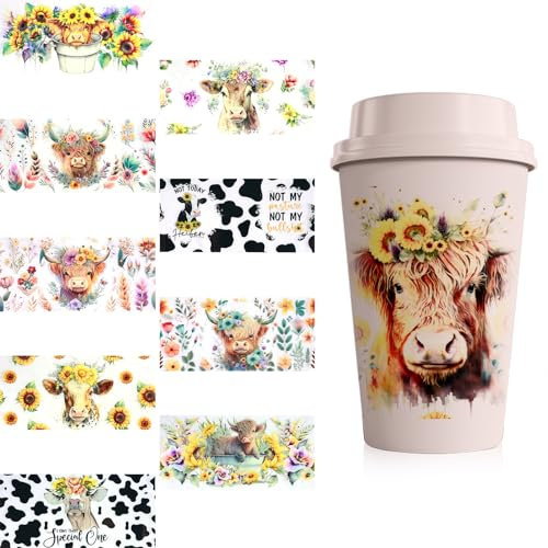 10 Sheets Cup Wrap Transfer Aufkleber Hochland Cow Cartoon Transfer Tasse Aufkleber wasserdichtes Übertragungsaufkleber Kratzfestes Transfer Tasse Wraps Aufkleber für Glasbecher Holz DIY Basteln