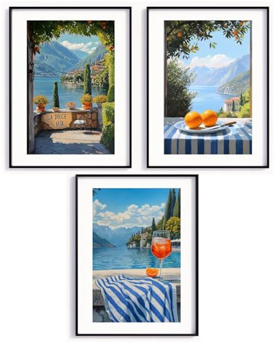 MJ-GRAPHICS® Poster-Set Comer See Dolce Vita Italien Fine-Art Aperol Poster Küchenbild Wohnzimmer Esszimmer Deko Wandbild Sommer Kunst Urlaub See Aperol – A4-Formate, ohne Rahmen