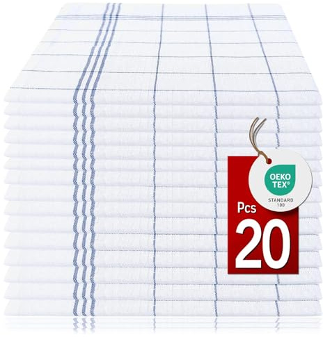 Pataya Torchons de Cuisine - Lot de 20 Bleu 100% Coton Torchon Vaisselle Professionnel 50x70 cm qualité Certifié Oeko-TEX Super Absorbant