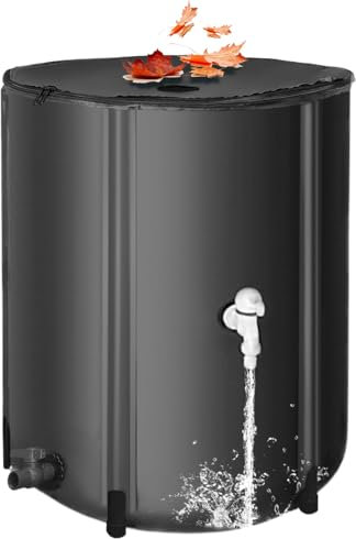 Tonneau de pluie pliable de 49 litres, résistant aux UV, système de collecte d'eau portable avec robinet à fermeture éclair et tiges de support pour une installation stable