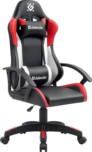 Defender Crater Gaming PC Chair with Footrest, Ergonomic Armchair, Lumbar Support, Headrest, Height Adjustable, up to 140 kg, Office Chair, Faux Leather, Red/Black, Adjustable Backrest, 135° Tilt