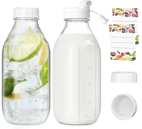 MEIMUCUL Lot de 2 bouteilles de lait avec couvercle, en verre de 1 l, réutilisables, avec couvercle, idéales pour jus, lait, milkshakes