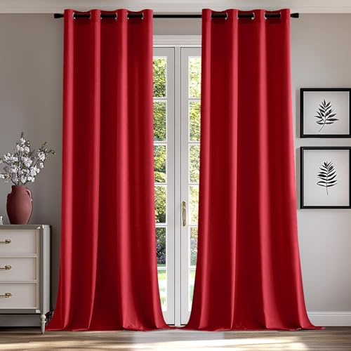 MIULEE Gardinen Voile Vorhänge mit Ösen 2er Rot 140x245cm | Halbtransparente leichte Voile Vorhänge mit Metall Ösen, lichtdurchlässig, modern für Wohn- und Schlafzimmer