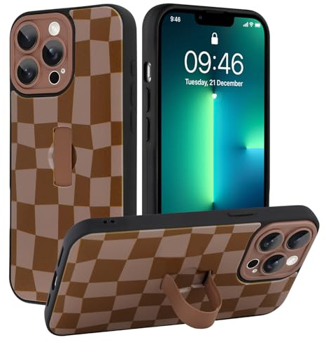 SOKAD for iPhone 13 Pro Max Case with Finger Strap Kickstand, Cute Checkered Checkerboard Phone Case with Finger Hand for Women Men, Slim Full Camera Protection Shockproof Case Cover, Brown