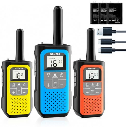Walkie Talkies für Kinder Erwachsene, NXGKET Walkie Talkie 3er Set mit 5km Großer Reichweite, Aufladbar Funkgeräte mit 1200mAh Akku, 16 Kanäle, VOX-Funktion, Woki Toki für Outdoor Camping Wandern