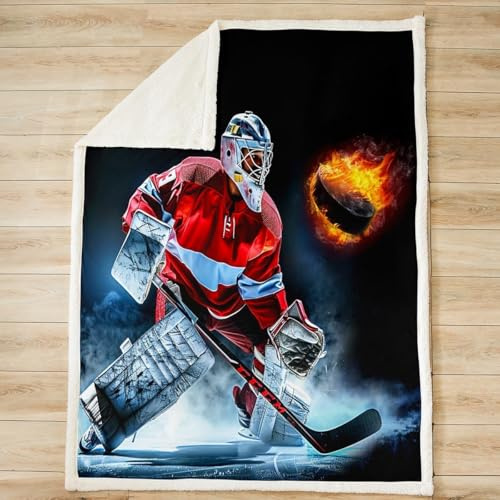 feelingyou Eishockey Sport Fleece Decke, Zwillinge Größe Hockeybett werft Bett werfen Brennende Hockeyball Dekor Heimdekor für Büro