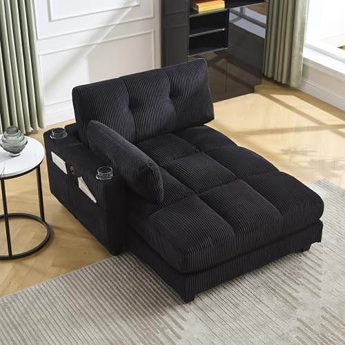 Ball & Cast Sessel Palm, Sofabed mit 2 Getränkehalter und Seitentasche, Schlafsessel mit 2 USB-Anschlüssen + Type-C-Anschluss, 140 x 112 x 81 cm, Schwarz