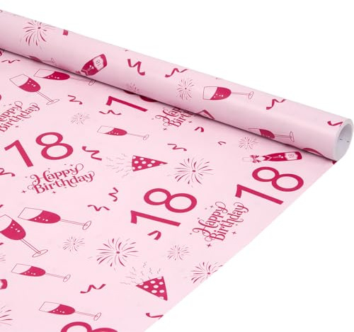 Geschenkpapierrolle zum 18. Geburtstag, 6 m x 43 cm, rosa, ideal zum Verpacken von Geburtstagsgeschenken