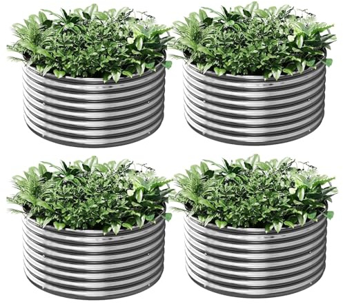 GROVELEAF Pflanzkübel 4er-Set 60 x 60 cm rundes verzinktes Hochbeet für den Außenbereich, Metall-Hochbeet für Gemüse, Stahl-Hochbeete für den Garten, oberirdisches Gartenbeet für Blumen