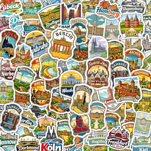 75 Stück Deutschland Aufkleber Set – Vintage Deutschland Sticker mit Städten & Wahrzeichen, wasserfeste Vinyl Reiseaufkleber für Koffer, Laptop, Trinkflasche, Reisetagebuch & Scrapbooking