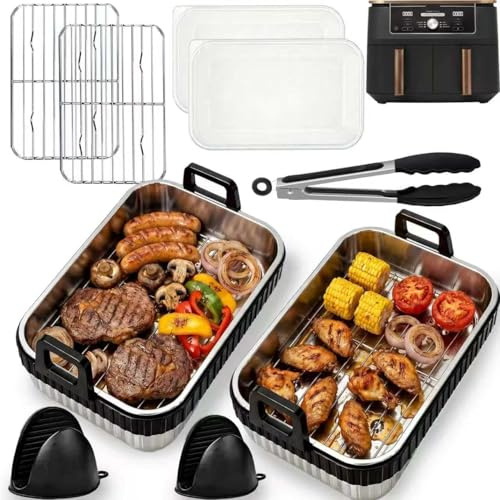 Edelstahl Airfryer Zubehör für Ninja Dual Zone Heißluftfritteuse (9–10.4 L) | Airfryer Auflaufform für Ninja Dual Zone AF400EU/AF500EU/DZ400EU BPA-frei,2 Auflaufformen,2 Grillroste,Zange & Handschuhe
