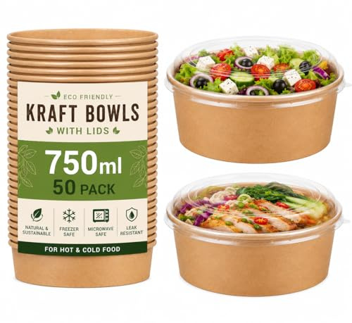 Kraft Salad Paper Bowls with Lids, 50 Pack Disposable Takeaway Food Containers, Leakproof Soup & Salad Bowls for Hot and Cold Food, Eco-Friendly Containers for Restaurants, Cafes & Meal (750ML)