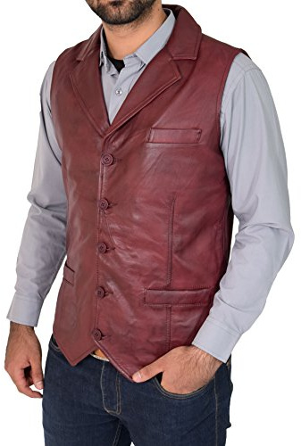 Mens Genuine Burgundy Soft Leather Waistcoat Revere Collar Gilet Classic Western Vest Yelek - Rhys