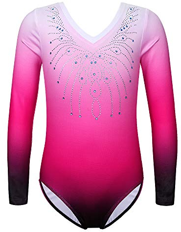 ZNYUNE Mädchen Farbverlauf Gymnastikanzug Langarm Kinder Gymnastik Trikot Klassisch 152 PinkRose 10A