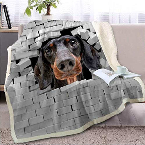 FEJK Dackel Decke Auf Bett 3D Tier Hund Plüsch Sherpa Decke Bulldog Tagesdecke Gebrochene Ziegel Wand Dünne Steppdecke 150 * 200 cm