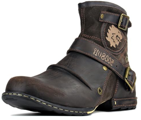 OSSTONE Chukka Stivali Cowboy Biker Boots Maschio Mens Motociclo Botas Cerniera su in Pelle Vitello Western retrò Stile Uomo Stivali Piatto Caviglia Stivaletti Boots 5008-1-D-IT Marrone Scuro 11.5