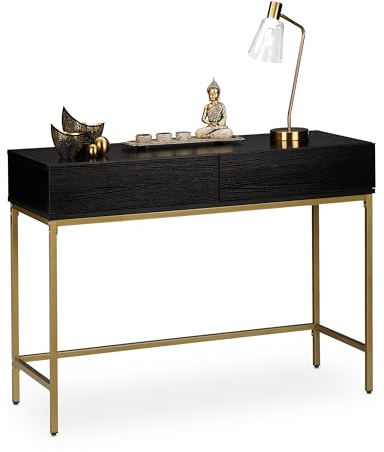 Relaxdays Konsolentisch, 2 Schubladen, Sideboard Flur, Wohnzimmer, Ablagetisch Holzoptik, HBT 80x110x40 cm, schwarz/gold