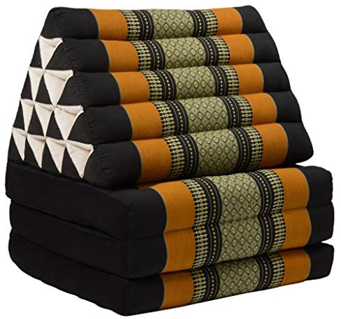 Fine Asianliving Thaikissen Dreieckskissen 3 Auflagen Kapokfüllung XL Schwarz Orange Thai Kissen Meditation Matte Matratze Kapok 301-J04