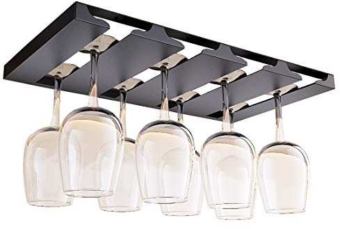 SIMVE Wine Glass Holder Under Cabinet,16.5 inch Stainless Steel Stemware Rack,Glassware Storage Hanger,Metal Hanging Organizer for Kitchen Bar or Restaurant,Screw Mounted Black 4 Row