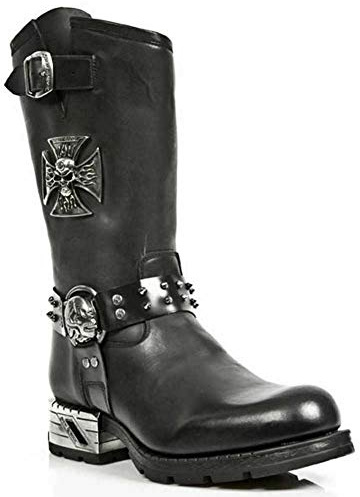 New Rock Stivali MR030-S1 da Uomo in 100% Pelle Nera Western con Piattaforma Gotica Stile Motociclista 46