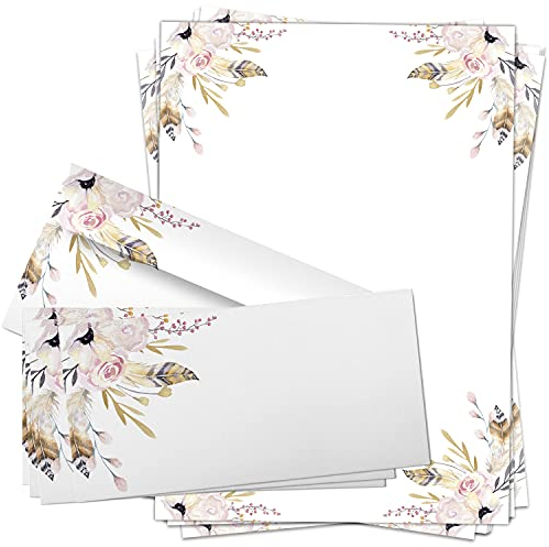 50 Briefpapiere und Briefumschläge SET | Vintage Blumen Feder | Papier und Umschlag mit Design-Motiv bedruckt | 90 g/m²