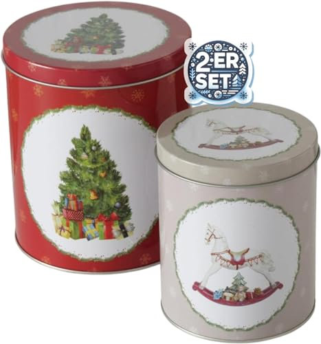 CasaJame 2er Set Metall Keksdose Weihnachten Plätzchendose rund Weihnachten Xmas Schaukelpferd Weihnachtsbaum sortiert H13-16cm
