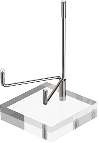 BTSKY Medium Size Adjustable Silver Metal Arm Display Stand Easel with Square Acrylic Base, Display Holder for Geodes Rock Mineral Agate Fossil Coral Coin