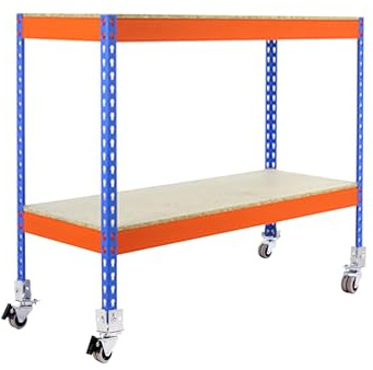 Simon Rack SimonTaller Industrie-Regal, 75 kg, 975 x 1200 x 450 mm, 2 Höhen aus Holz, Lagerregal, inklusive Rädern, Blau/Orange/Holz