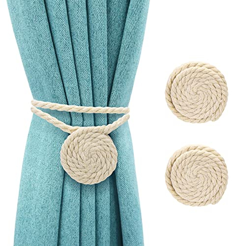 Johotone Magnetische Vorhang Raffhalter Boho Gardinenhaken Baumwoll Raffhalter für Vorhänge für Schlafzimmer Büro Hotel Weiß 2 Stücke