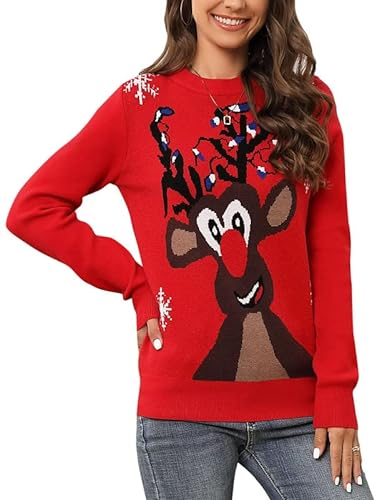 Clearlove Weihnachten Pullover Damen Weihnachtspullover Christmas Reindeer Strickpullover Christmas Sweater Lichterkette Elch S