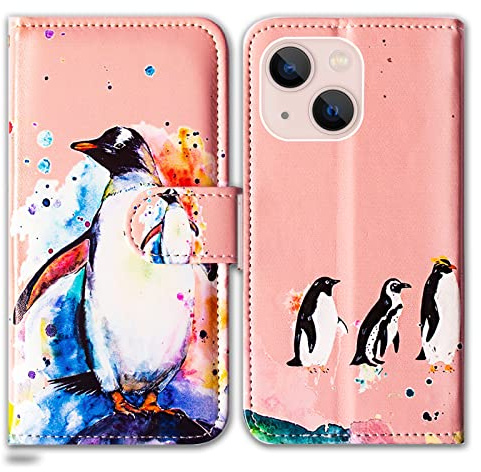 Bcov Case for iPhone 14, Penguin Drawing Leather Flip Phone Case Wallet Cover with Card Slot Holder Kickstand For iPhone 14