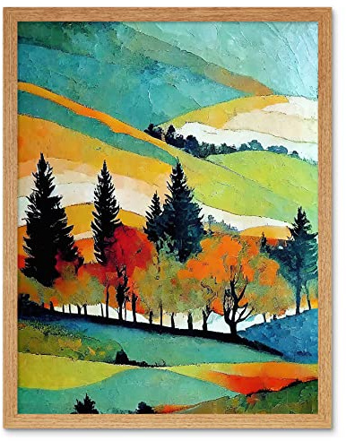 Wee Blue Coo Colourful Autumn Landscape Scotland Hillside Forest Oil Painting Art Print Framed Poster Wall Decor 12x16 inch