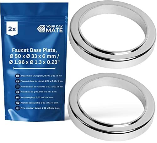 Waschbecken Armatur Rosette, 2 Pack, Ø 50 mm Außen, Ø 33 mm Innen, 6 mm Höhe, ABS in Hochglanz-Optik, mit Dichtung, Abdeckrosette Wasserhahn, Zubehör Grundplatte zur Abdeckung größerer Lochdurchmesser