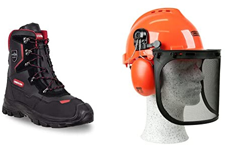 Oregon Yukon Leather Chainsaw Cut Resistant Boots Class 1 Size 10.5 (295449/45) & Yukon Chainsaw Safety Helmet with Protective Ear Muff and Mesh Visor (562412), Black