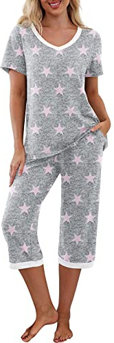 PrinStory Dampyjamas 2 stycken nattkläder, kortärmad pyjamasöverdel och pyjamasbyxor, hemmakostym, fritidsoverall, blomtryck (stjärnor rosa, XXL), Stjärnor rosa, XXL