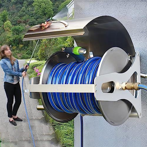 LINCYS Hochleistungs-Schlauchaufroller, Tragbarer Gartenschlauchaufroller Aus Edelstahl Mit Abdeckung, Wand-/Bodenmontierter Wasserschlauchaufroller Aus Metall,Rack+20mHose