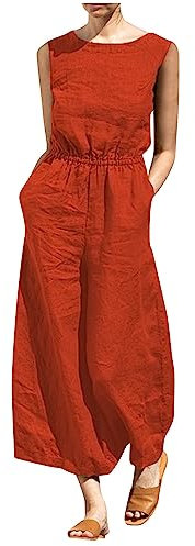 RMBLYfeiye Jumpsuit Damen Lang Rundhals Ärmellos Baumwoll Leinen Weite Bein Latzhose Mit Taschen Lose Sommer Overall Elegant Atmungsaktiv Leinenhose Oversize Große Größen
