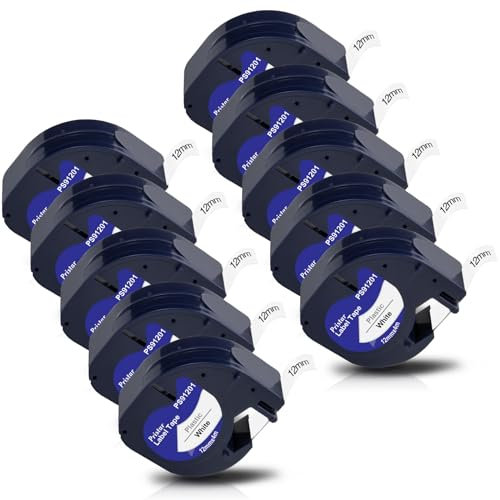Pristar 10x Schriftband Kompatible für Dynmo XR Etikettenband 91221 S0721660 Kompatible für Dynmo 200B LT-100H LT-100T 80 Beschriftungsgerät Kunststoff Band 12mm x 4m Schwarz auf Weiß