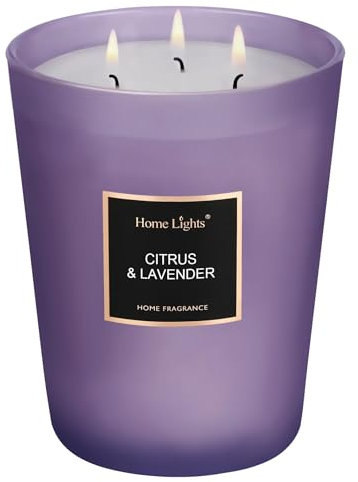HomeLights Duftkerzen, 944 g, großes Glas, natürliche Soja-Kerzen, 3 Baumwolldochte, rauchfrei, langlebig, 130 Stunden, Aromatherapie-Kerze, Geschenk für Frauen und Männer (Zitrus & Lavendel)